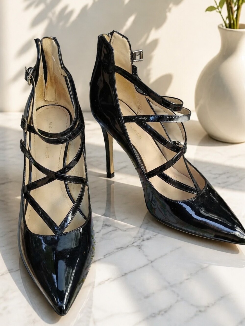 Marc Fisher Black Patent Strappy Pointed-Toe Women’s Heels